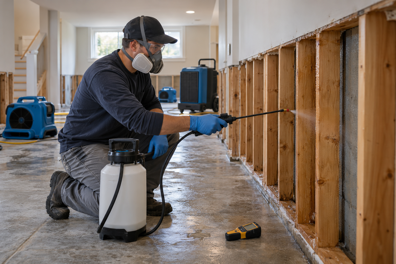 Restoration technician applying mould-prevention treatment to exposed framing while structural drying equipment operates.
