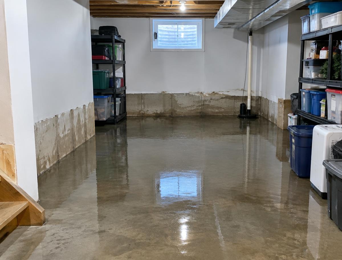 Flooded basement with standing water