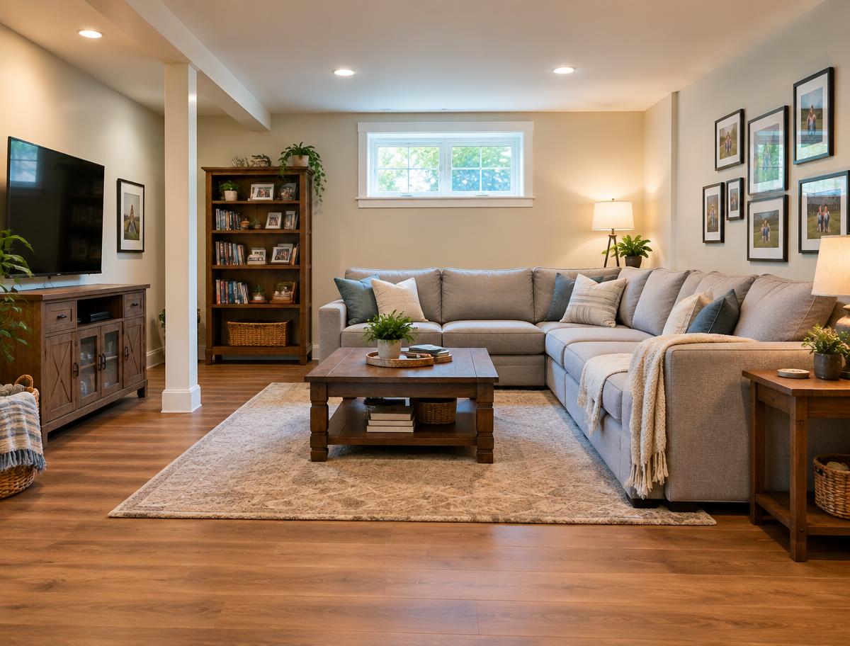 Warm lived-in lower level after flood restoration