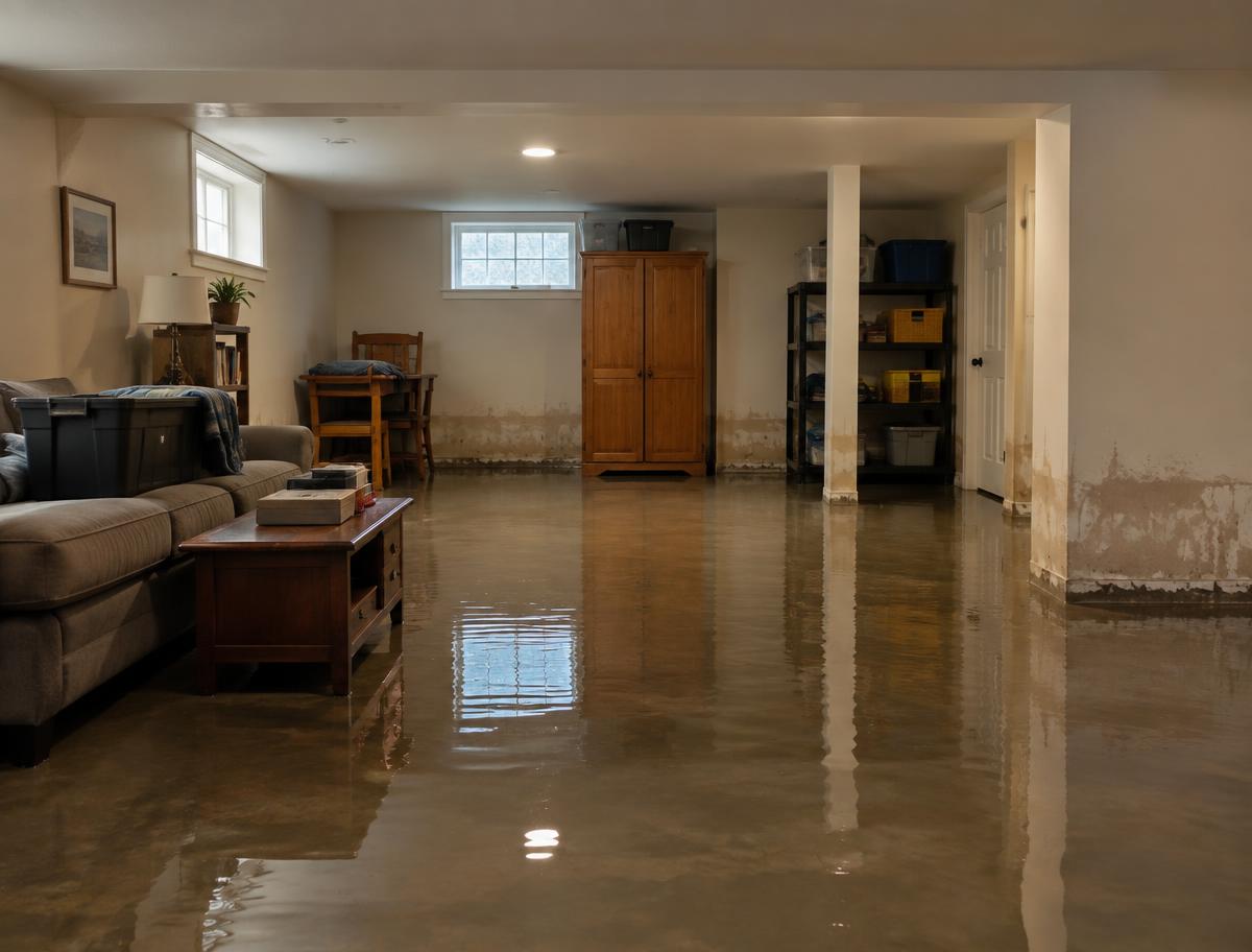 Flooded lower level before restoration