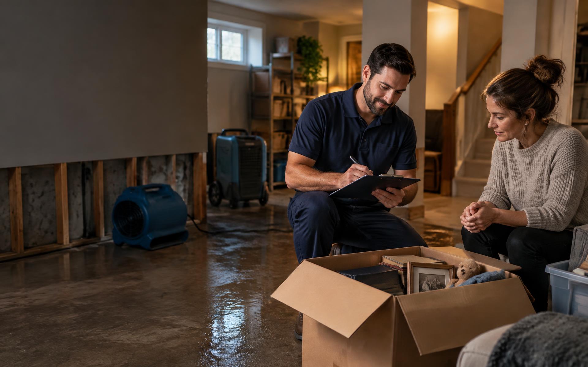 Restoration technician helping a homeowner document belongings after a flood