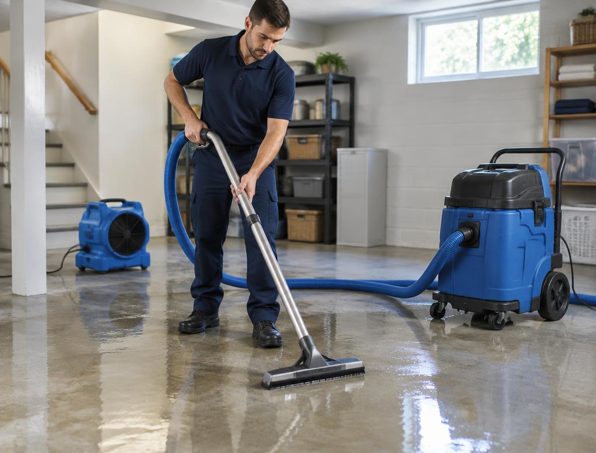 Technician extracting water from a basement