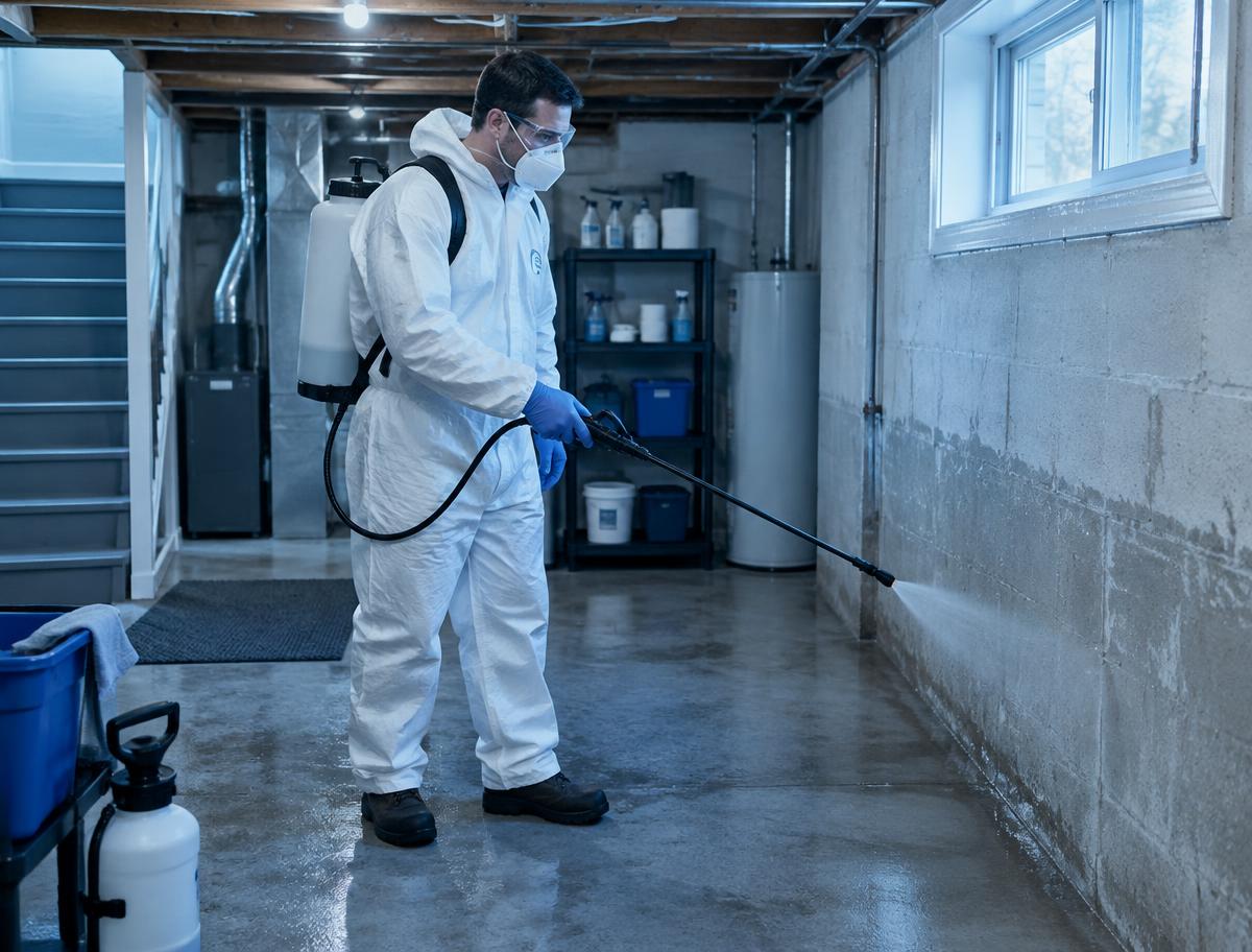 Technician disinfecting a basement